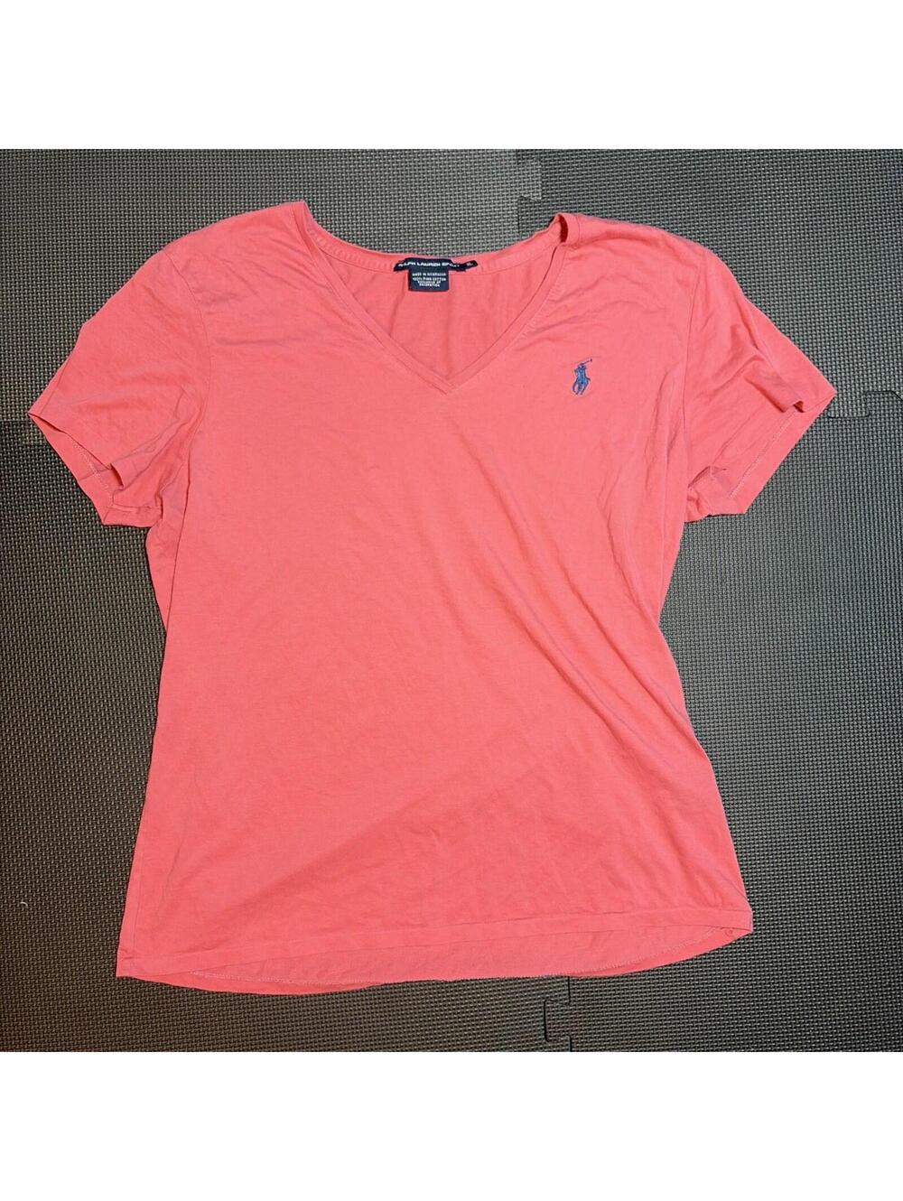 Vtg Ralph Lauren Sport Pink V-Neck Short Sleeve T-Shirt Women's L Blue Pony Logo